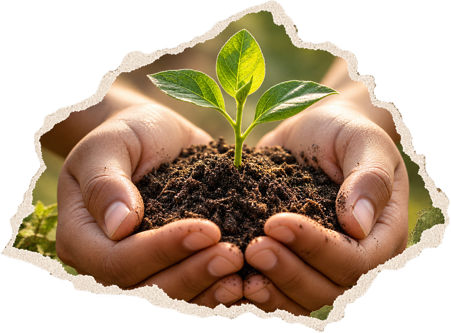 Hands cupping tender sapling in soil